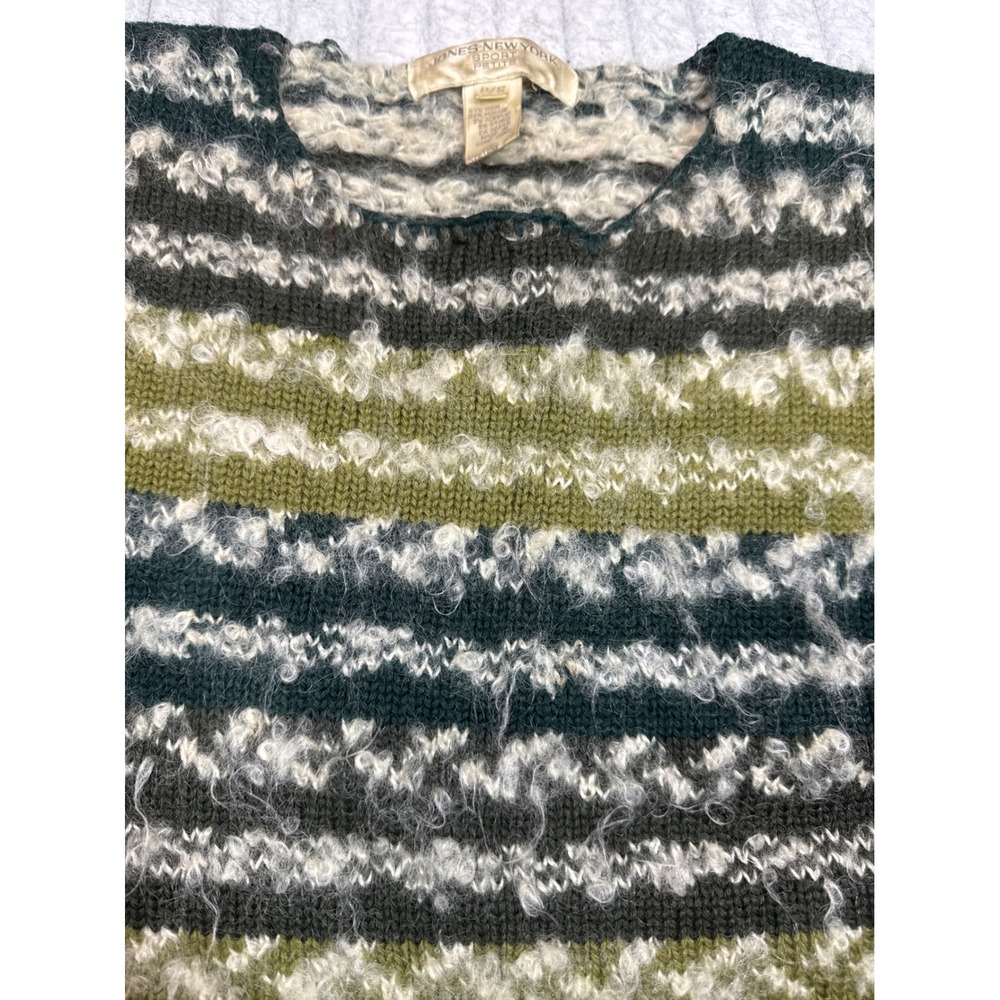 Jones New York Sport Petite Wool Mohair Blend Striped Fuzzy Sweater Green P/S